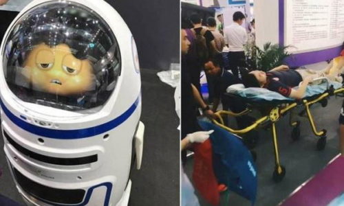 Chinese robot attacks on a man after breaking the glass booth